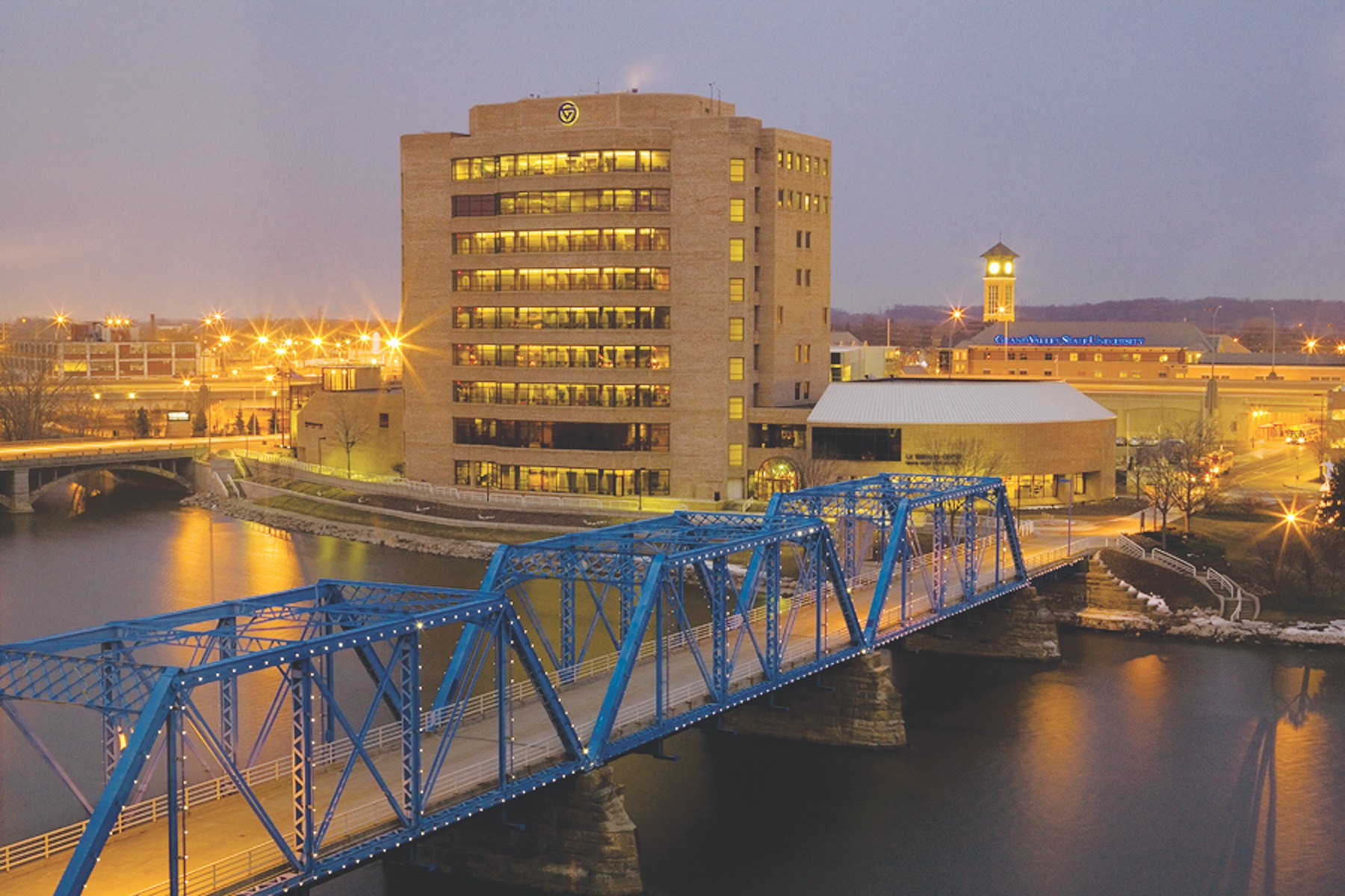 View of GVSU Pew campus from downtown Grand Rapids